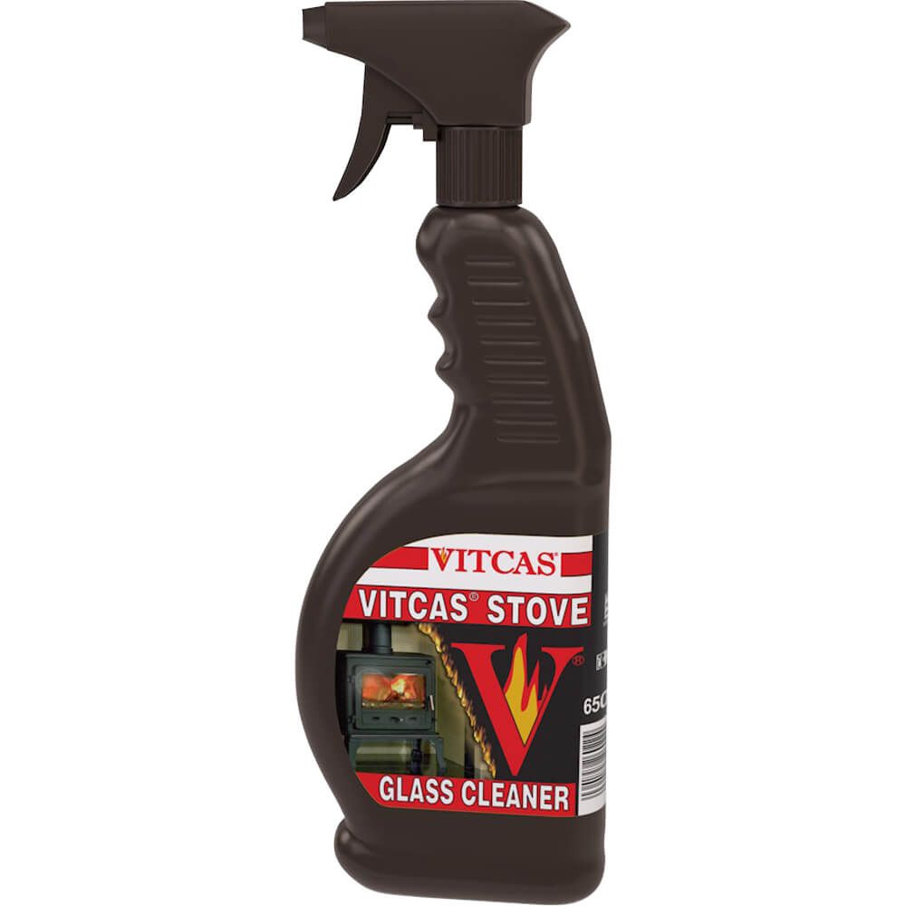 Cleaning fireplace glass without damaging the seals A bottle of Vitcas cleaner for fireplace glass